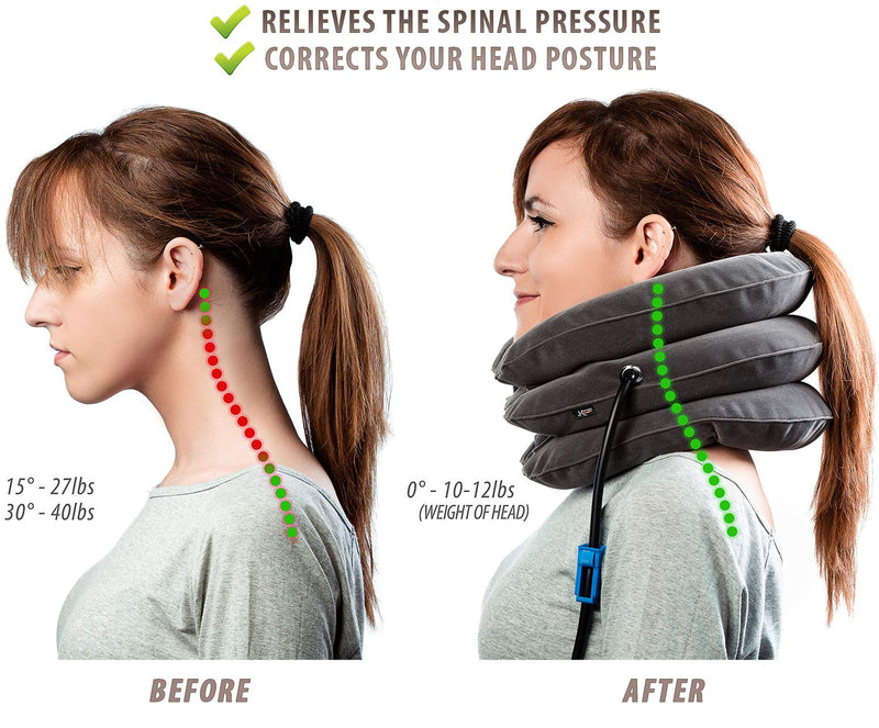 [Australia - AusPower] - Pinched Nerve Neck Stretcher Cervical Traction Device for Home Pain Treatment | Inflatable Spinal Decompression Collar Unit Muscle Strain Injury Relief | Herniated Disc Problems Remedy Kit (Gray) Gray 