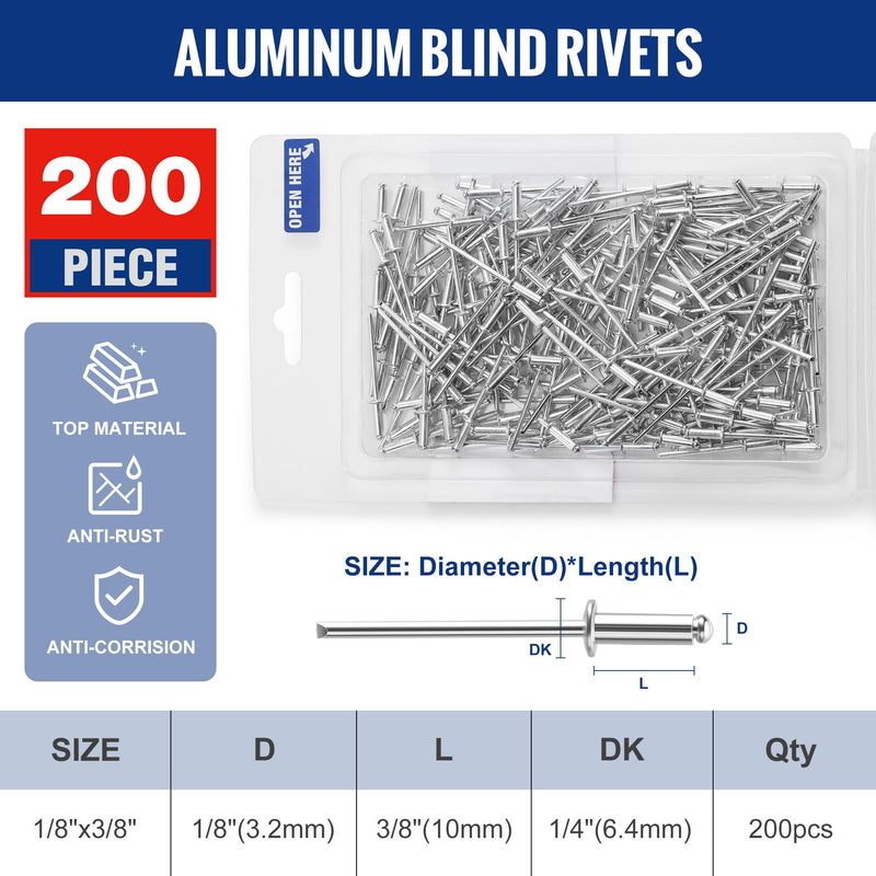 [Australia - AusPower] - WORKPRO 200Pcs Aluminum Blind Rivets, 1/8" x 3/8" Pop Rivets Assortment, Aluminum Grip and Steel Mandrel, for Metal, Marine Boat, Automotive, Railway, and Duct Work- Pack of 200, Silver 1/8" x 3/8" 