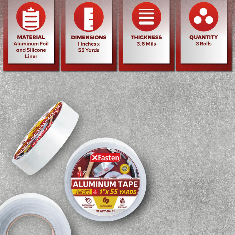 XFasten Aluminum Tape for Ductwork 1 Inch Width, (3-Pack) 3.6 mil High Heat Resistant, Heavy Duty Aluminum Foil Tape for Ductwork, Dryer, Vent, and Sealing HVAC for Ducts, 495 Feet Total 1-Inch x 55-Yards 3-Pack (495 Feet) Silver