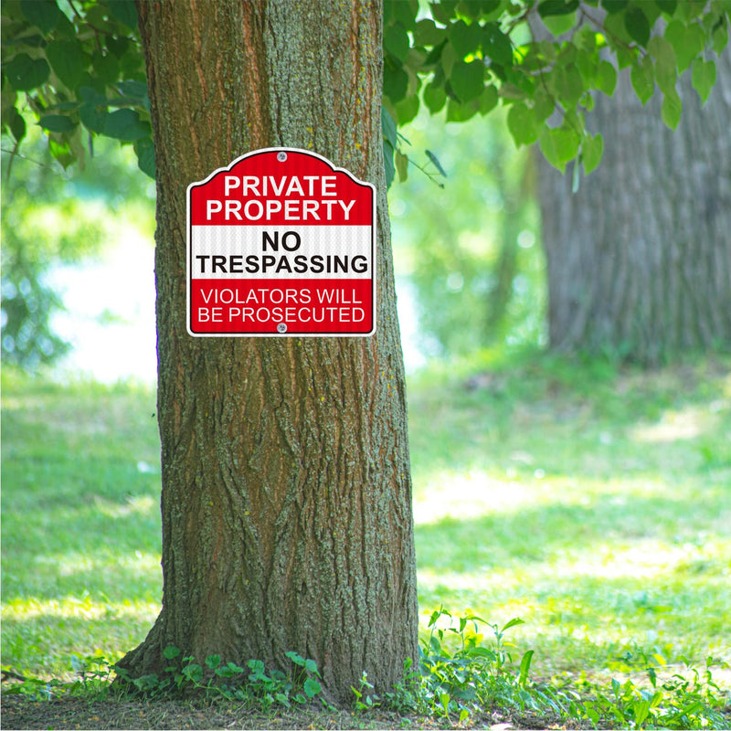 (4 Pack) Reflective Metal Private Property No Trespassing Signs, 12" x 12" Heavy-duty Aluminum Private Property Signs Outdoor, Keep Out Violators Will Be Prosecuted, Weather-resistant