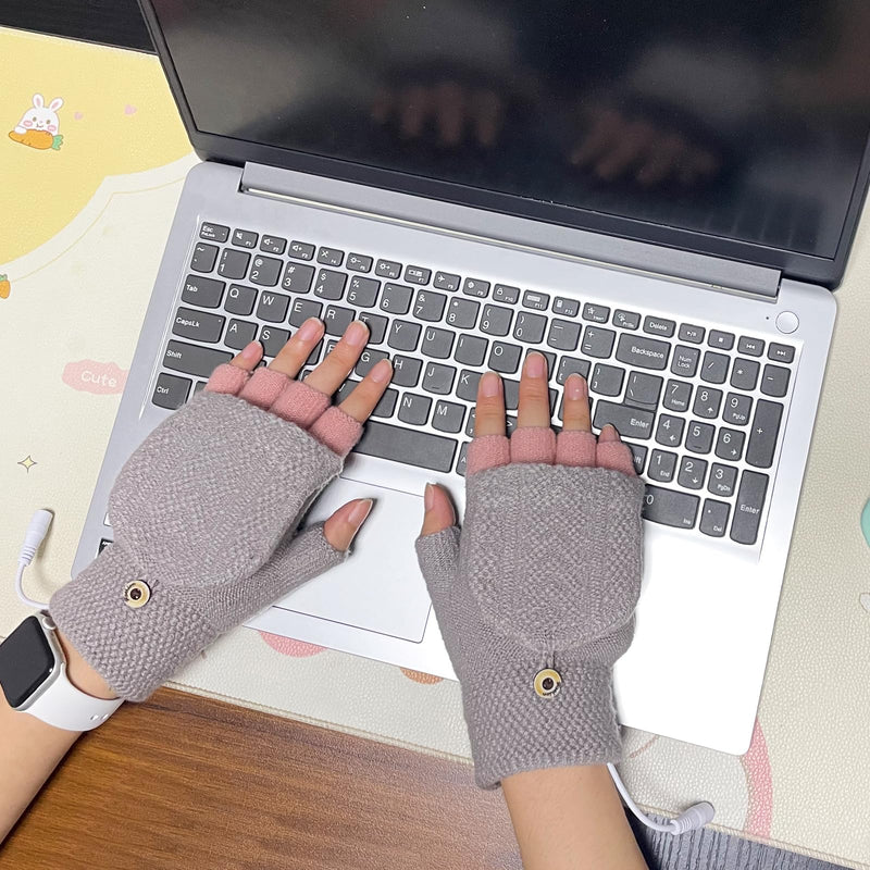 [Australia - AusPower] - Women's & Men's USB Heated Gloves Mitten Full & Half Fingerless Winter Hands Warmer Laptop Gloves Grey Pink 