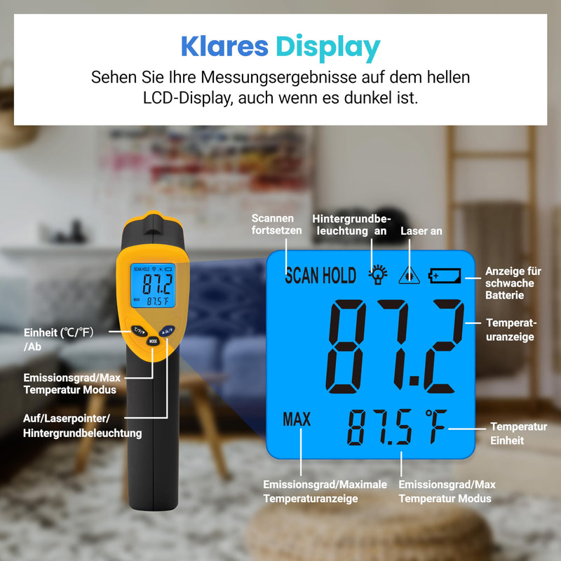[Australia - AusPower] - Etekcity Infrared Thermometer, Temperature Meter -50°C to +450°C - Digital Laser Infrared Thermometer for Kitchen, Pizza Oven, Grill, Baking - Not for Humans - Yellow/Black -50℃~450℃ 