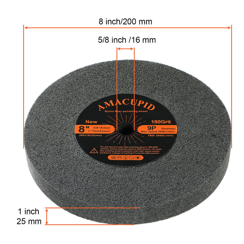 Deburring Wheels, Nylon Fiber Buffing Wheel 8 inch 9P Hardness. Polishing Stainless Steel, etc. Silicon Carbide Abrasive. for Bench Grinder Polishing Machine. 5/8 inch Arbor, 180 Grit