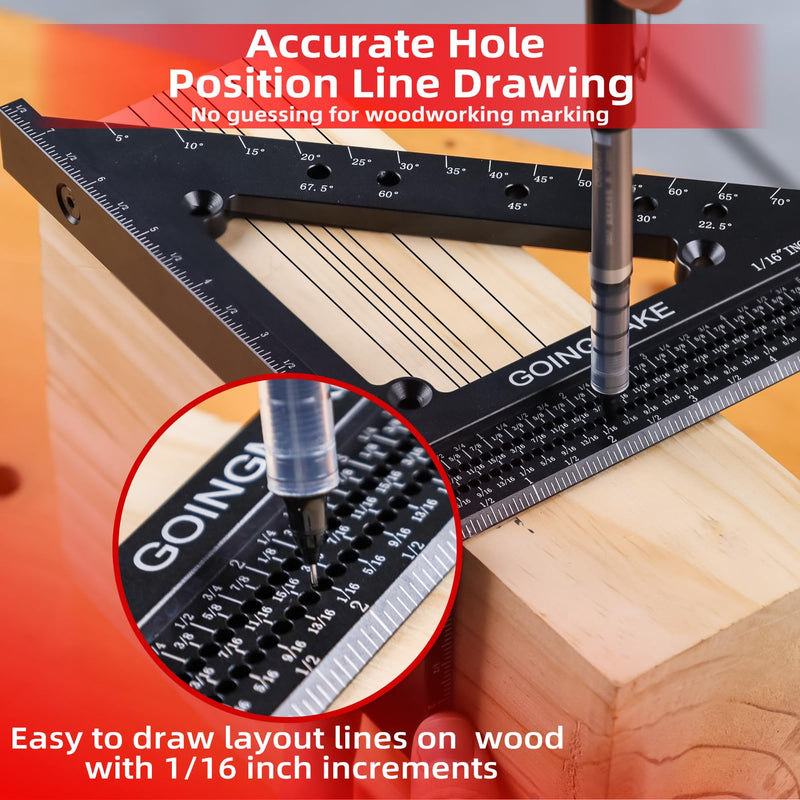 GOINGMAKE Big Carpenter Square 6x7.5 Inch Hole Scribing Ruler 3D Multi Angle Measuring Ruler 22.5-90 Degree Woodworking Square with Fixed Angle Pin 4 in 1 Square for Engineering and Construction