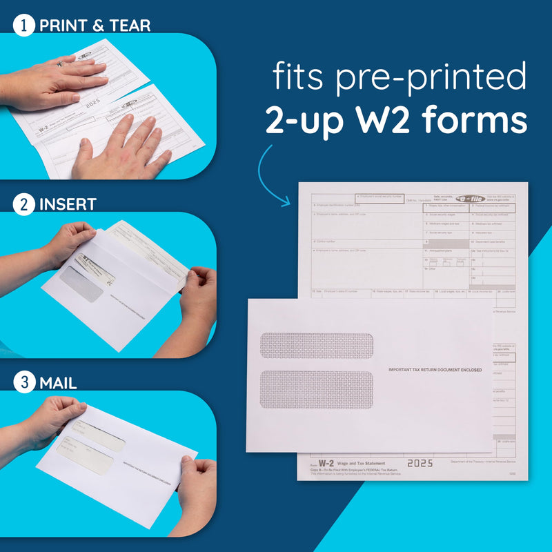 Blue Summit 50 W2 Envelopes 2025 Self Seal, W-2 Double Window Security Envelopes for 2 UP IRS Tax Forms from QuickBooks Online, Desktop, ADP and Other Software, 5 5/8’’ x 9’’, 50 Form Envelopes