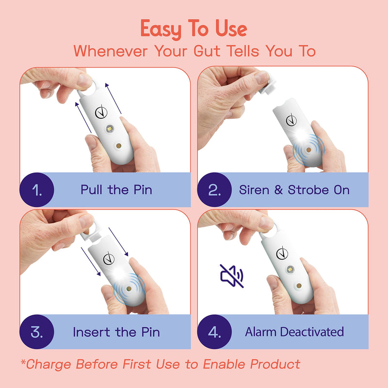 [Australia - AusPower] - Vantamo Personal Alarm for Women - Extra Loud Double Speakers, First with Low Battery Notice with Strobe Light, Rechargeable - Safety Alarm Keychain Pearly White. 