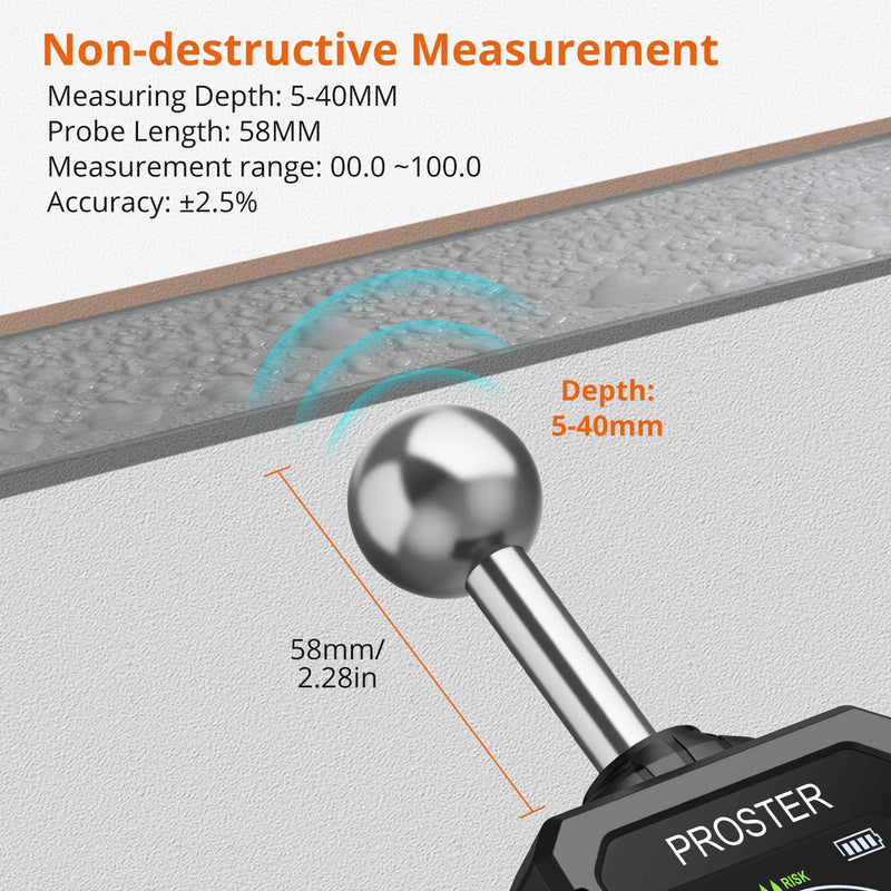 [Australia - AusPower] - Proster Moisture Meter - with Color LCD Alarm Function Hold Function Moisture Meter for wall,wood,masonry,concrete,plaster,building materials 5-40mm Analysis depth Spherical 