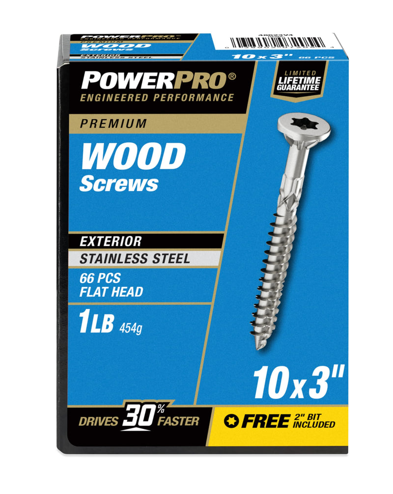 Power Pro Premium Exterior Wood Screws, #10 x 3 Inch All-Purpose Deck Screws for Outdoor Projects, T-25 Star Bit Included, Silver, 66 Pieces | 48623V4 #10 x 3"