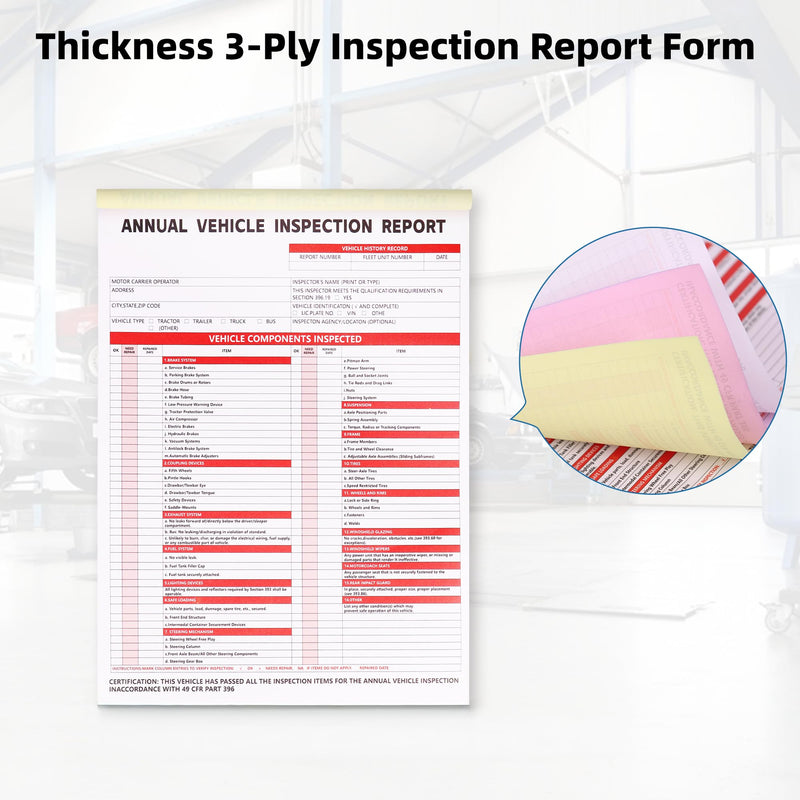 15-Pack Annual Vehicle Inspection Report Form, 3-Ply Carbonless Form and Hardboard, Includes 15-Pk Red FMCSA DOT Permanent Aluminum Adhesive Stickers, DOT Compliant