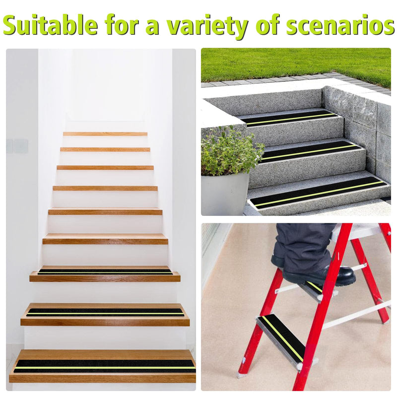 Dynta Anti Slip Traction Treads with Glow in Dark Stripe, 4" X 30", Stair Treads Non Slip Tape, 12 Pack, Waterproof, Skateboard Grip Tape, High Traction Friction, Abrasive Adhesive for Stairs 4" X 30"inch