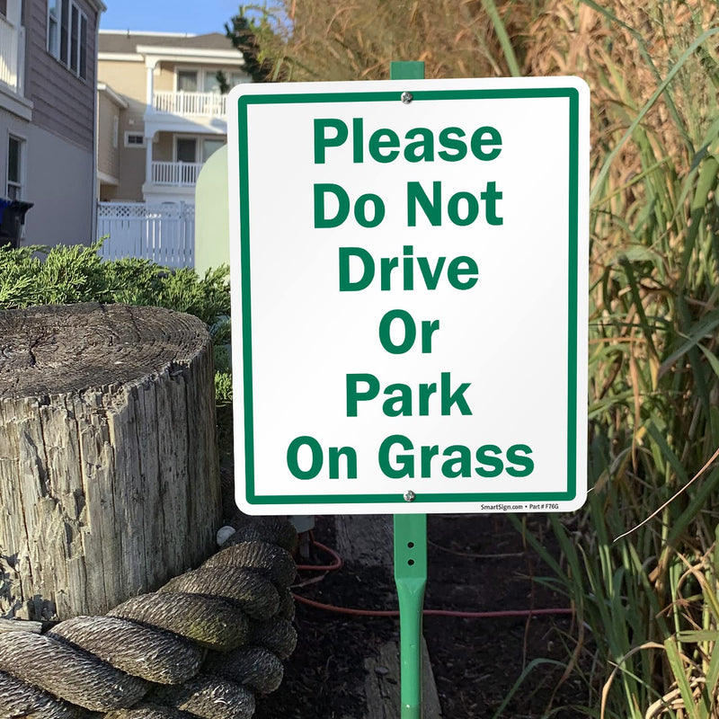 SmartSign 12 x 10 inch “Please Do Not Drive Or Park On Grass” LawnBoss Yard Sign with 3 foot Stake, 40 mil Laminated Rustproof Aluminum, Green and White, Set of 1 10" x 12" Aluminum Sign with 3 Ft Stake