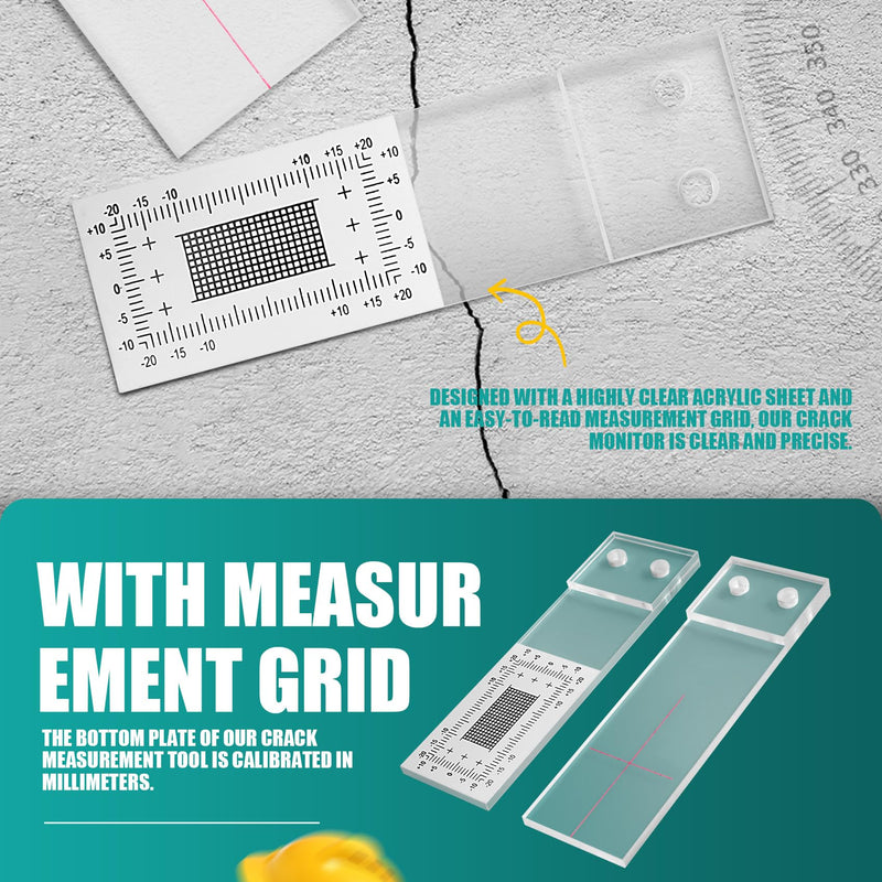 Crack Monitor, Wall Tear Meter, Set of 3, Gap Size, Crack Ruler, Crack Width Meter, Clear Wall Tear Meter, Acrylic Crack Monitoring Protocol for Measuring and Recording