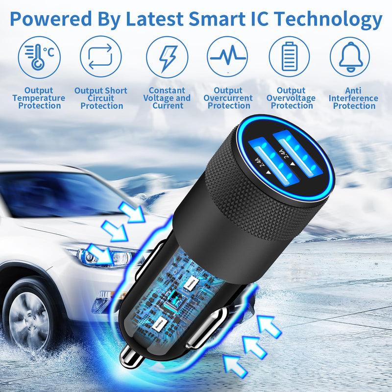[Australia - AusPower] - 【MFi Certified】iPhone Fast Car Charger, Rombica 4.8A Dual USB Smart Power Cigarette Lighter USB Car Charger + 2Pack Lightning to USB Braided Cable for iPhone 14 13 12 11 Pro/XS Max/Mini/XR/SE/X/8/iPad Carbon Fiber Black 
