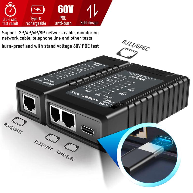 [Australia - AusPower] - NF-468CS Network Cable Tester,RJ45/RJ11/CAT5/CAT6/CAT5E/CAT6A/ CAT7/POE Test UTP/STP Continuity Tester Ethernet Cable Mapper Phone Line CAT3, Ethernet Cable Tester, LAN Cable Test Network Tools Black 