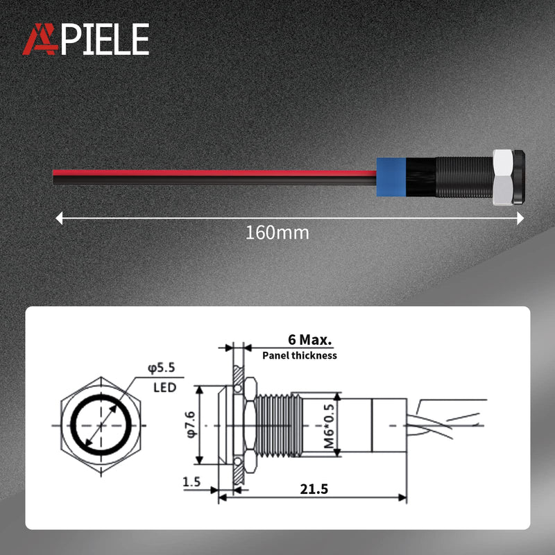 [Australia - AusPower] - APIELE Indicator Light 6mm 1/4" Waterproof IP65 Metal Signal Lamp 12V-24V AC/DC LED Pilot Dash Lamp Aluminum Blue 5 PCS with 150mm Wire for Car Truck Boat (Blue) Black Shell-Blue 