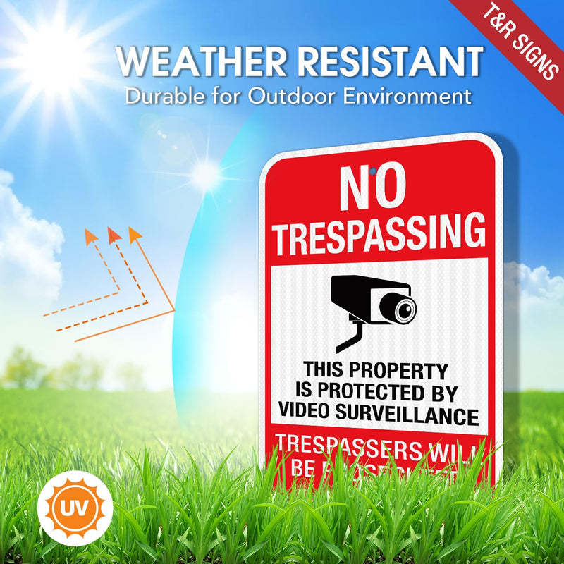 T&R (2 Pack) Large No Trespassing Private Property Sign Video Surveillance Sign, 18" x 12" Engineer Grade Reflective Sheeting, Rust Free Aluminum, Weather Resistant, Waterproof, Fade Resistant, 2 Pre-drilled Holes Red - 2 Pack