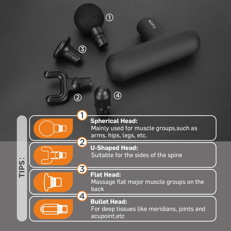 [Australia - AusPower] - NEPQ Mini Massage Gun, Powerful Fascial Gun Portable Deep Tissue Percussion Muscle Back Head Massager for Pain Relief with 4 Massage Heads High-Intensity Vibration Rechargeable Small Massage Gun Black 