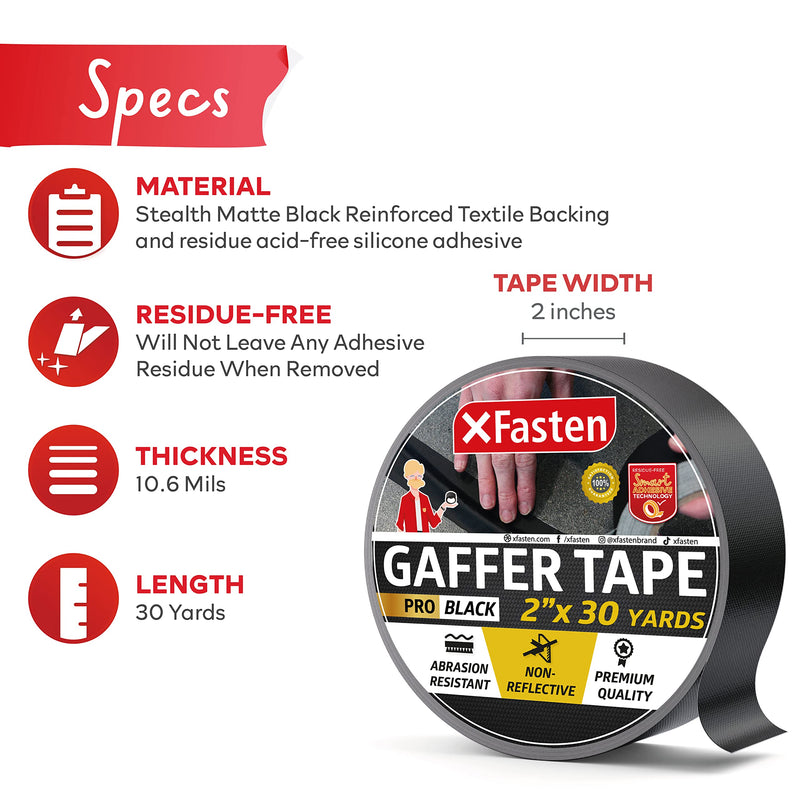 XFasten Pro Black Gaffers Tape 2 Inch X 30 Yards, Multipurpose No Residue Black Tape, Non-Reflective, Tear By Hand Black Cloth Tape, Use As Floor Tape For Electrical Cords, Photography Black Gaff Tape