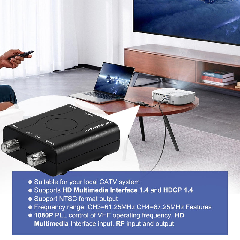 HDMI to RF Modulator, HDM61 VHF HDMI to RF Converter Adapter for TV NTSC Format Output, 1080P PLL Control for Home TV Game Console