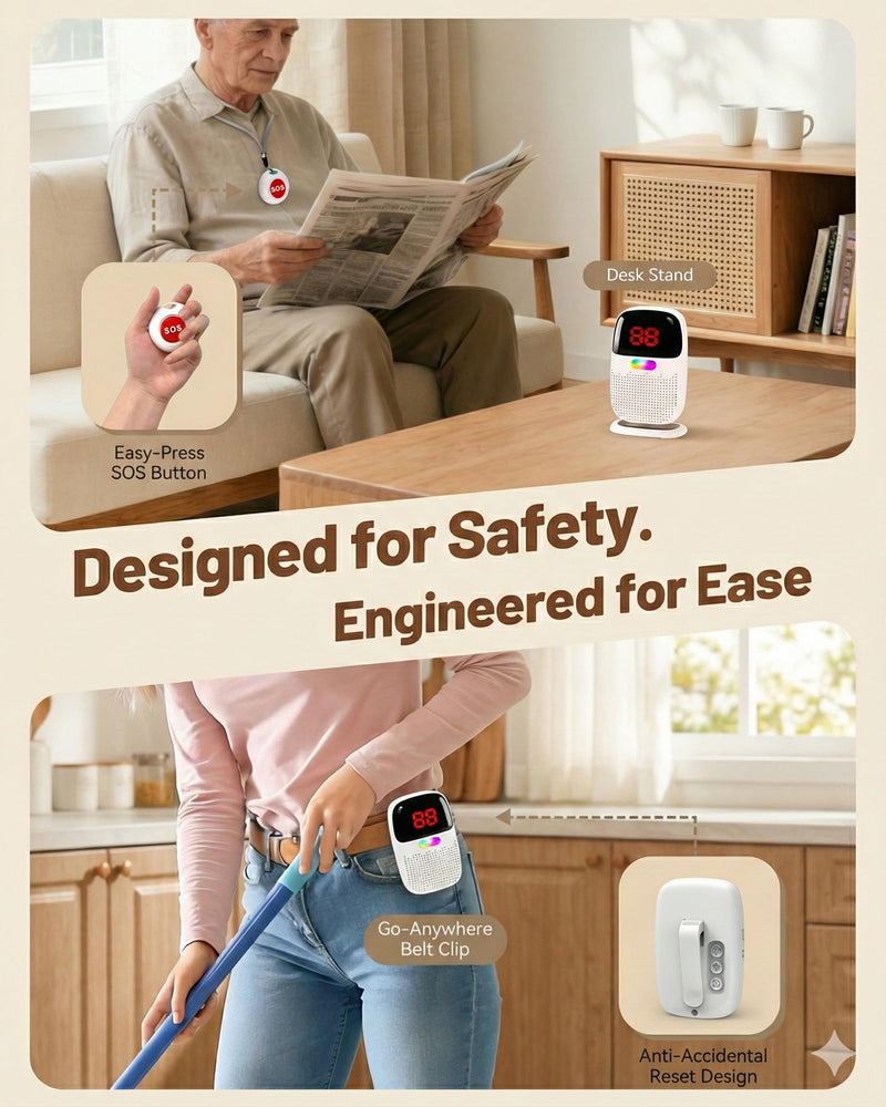 [Australia - AusPower] - PILSAMAS Rechargeable Caregiver Pager Wireless Call Button for Elderly, 1640ft Range Medical Alert System for Seniors No Monthly Fee, Portable Receiver with LCD Display & Vibration, IP65 Waterproof [2+1] Multi-Room 