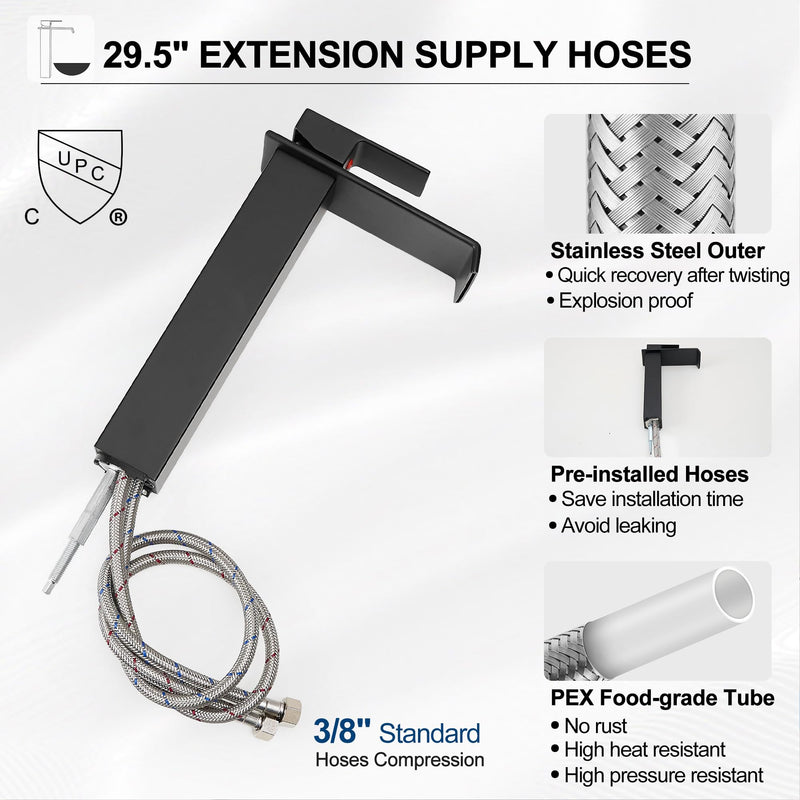 Brass Vessel Sink Faucet Black Waterfall Bathroom Faucet 1 Hole, Tall Bathroom Sink Faucet Single Handle, Modern Bathroom Faucets for Vessel Sinks with Pop Up Drain and Supply Hoses Matte Black