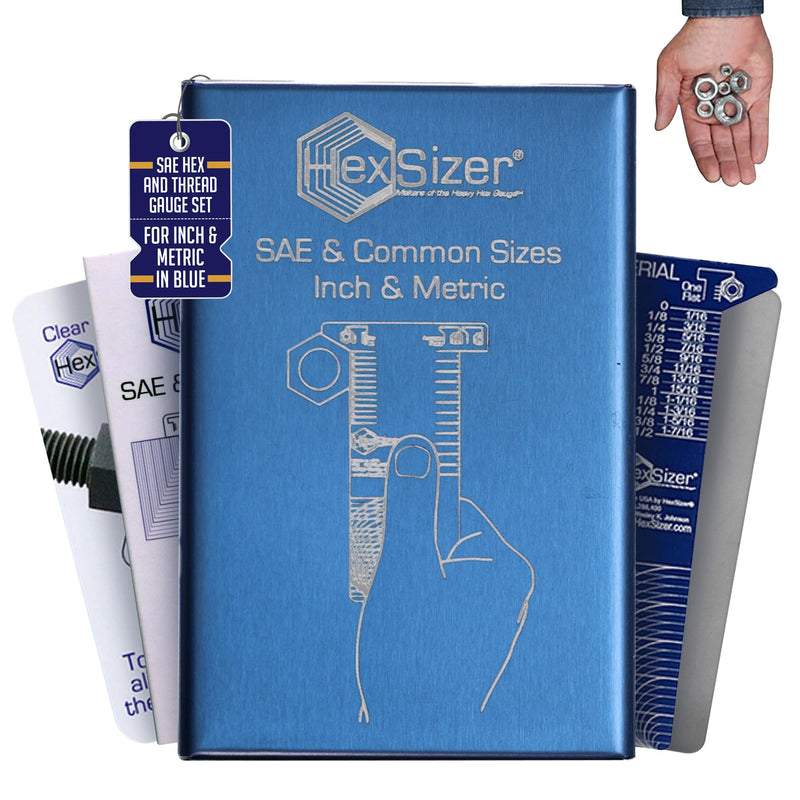[Australia - AusPower] - HexSizer 6-in-1 SAE Hex and Thread Gauge Set - Dual Inch & Metric Measurement Tool, Compact, Durable Aluminum Gauge for Measuring SAE Hardware, Nuts, Studs, and Bolts - Imperial & Metric Units (Blue) 