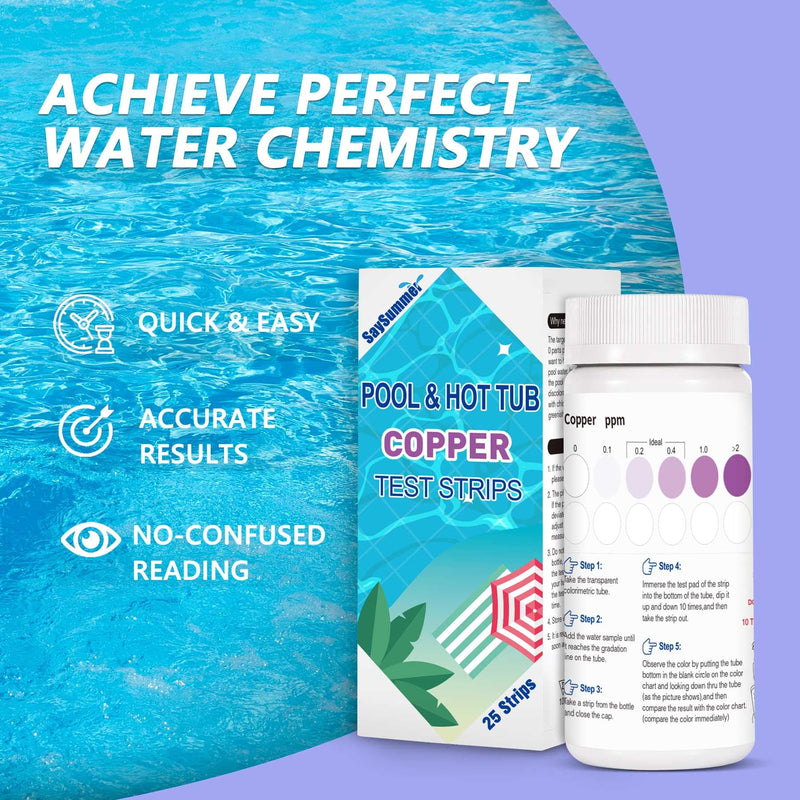 [Australia - AusPower] - Copper Test Strips for Pool Water: 25 Counts Pool Copper Test Kit for Testing Range 0-2 ppm Copper in Swimming Pool Hot-Tub Spa - Pool Metal Test Kit for Above-Ground and Inground Pool Testing Copper 