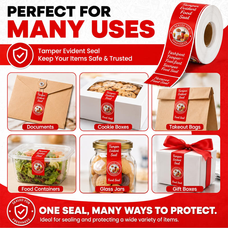 1000-Pack Tamper Proof Stickers, 1.5in x 6in Strong Adhesive Food Delivery Evident Stickers Sealed for Tamper Detection, Easily Use Labels Tapes for Boxes, Cups, Coffee, Envelopes, Documents Red 1000