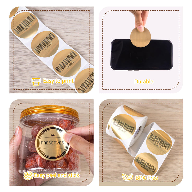 PARLAIM 2 Inch Brushed Gold Circle Thermal Sticker Printable Round Holographic Material Self-Adhesive Direct Thermal Label for DIY Logo Design, QR Code, Name Tag, 400 Dots/Roll