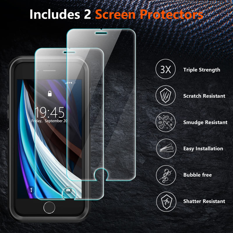 [Australia - AusPower] - xiwxi for iPhone SE Case 2022/3rd/2020,iPhone 8/7 Case,with [2xTempered Glass Screen Protector] [360 Full Body Shockproof] [Heavy Dropproof],Hard PC+Soft Silicone TPU+Glass Screen Phone Case-Black Black 