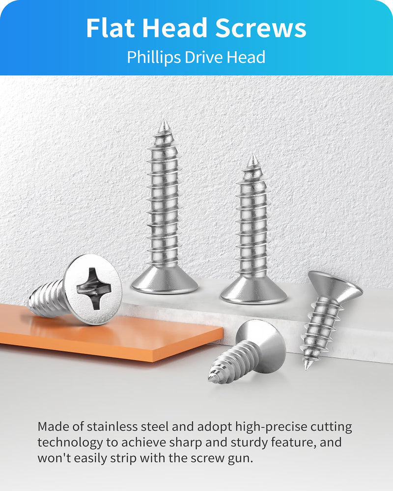 500Pcs 304 Stainless Steel Wood Screws Assortment Kit,#4#6#8#10#12 Assorted Screws,Phillips Drive Flat Head Sheet Metal Screw Self Tapping Screws Set, Length 3/8" to 2" (Silver-Flat Head 500PCS) Silver-Flat Head 500PCS