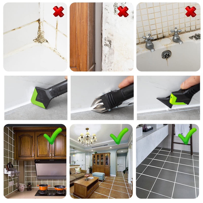[Australia - AusPower] - Caulking Tool 5 in 1 Silicone Caulking Grout Removal Tool Sealant Finishing Tool with Grout Scraper, 6 Exchange Silicone Pads, Adhesive Residue Scraper Seam Repair Tool Kit for Kitchen Bathroom Green 