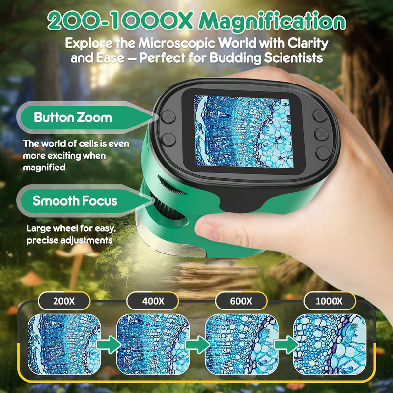 [Australia - AusPower] - 1000 x Mobile Phone Digital Microscope for Children: 4K 2.0 Inch Screen Rechargeable Mini Pockets Portable USB Trichome Microscopes Science Kit with Slide Set Gifts for 4-12 Years Old Green 