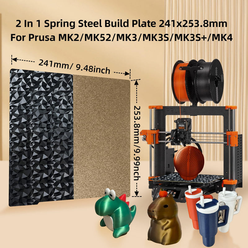 [Australia - AusPower] - Upgrade Platform for Prusa i3 MK3 Build Plate, Double Sided Smooth PEO+Textured PEI Spring Steel Flexible PEI Sheet 241x253.8mm for Prusa I3 MK2 2.5S MK52 MK3S MK3S+ MK4 3D Printer PEO PEI (No Magnetic Plate) 