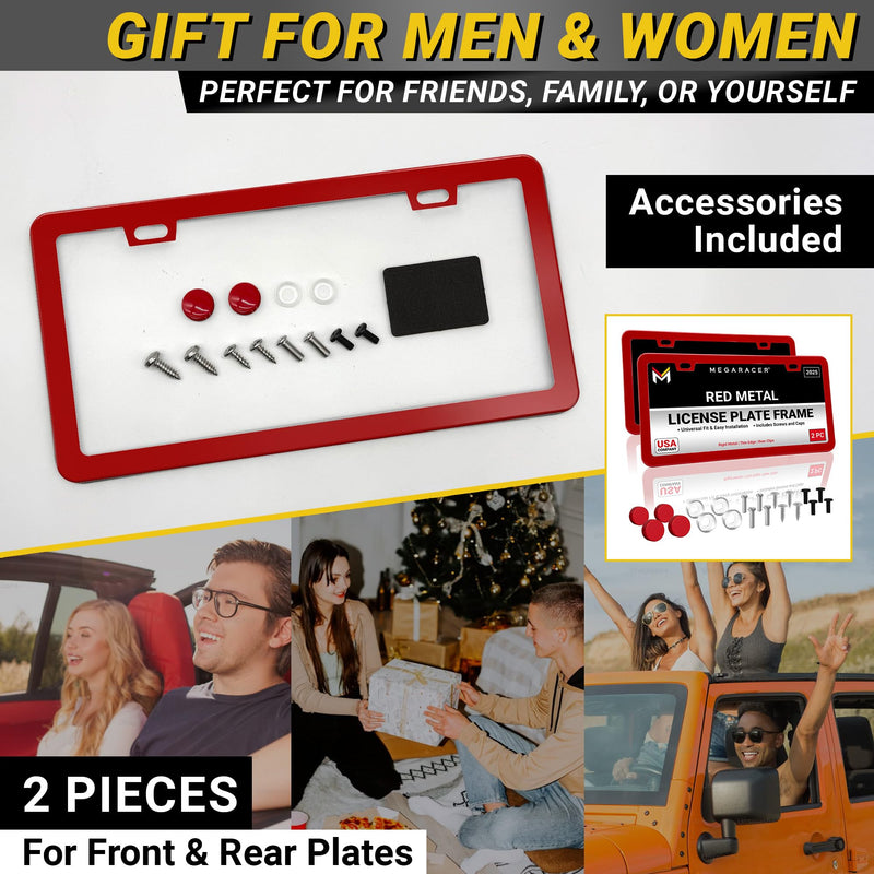 Premium Slim Red License Plate Frames – 2 Pack, Rust-Free Stainless Steel, Street Legal & Rattle-Free, Universal Fit with Screw Caps, Sleek Thin Metal Front & Rear Car Tag Holders for Men & Women 2 Piece