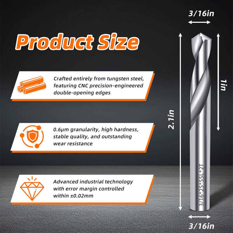 3/16 Carbide Drill Bits, Solid Carbide for Hardened Steel, Tungsten Carbide Drill Bit Set for CNC Machines Ideal for Metal Copper Alloy Cast Iron Stainless 2 Pcs(2, 3/16 in)