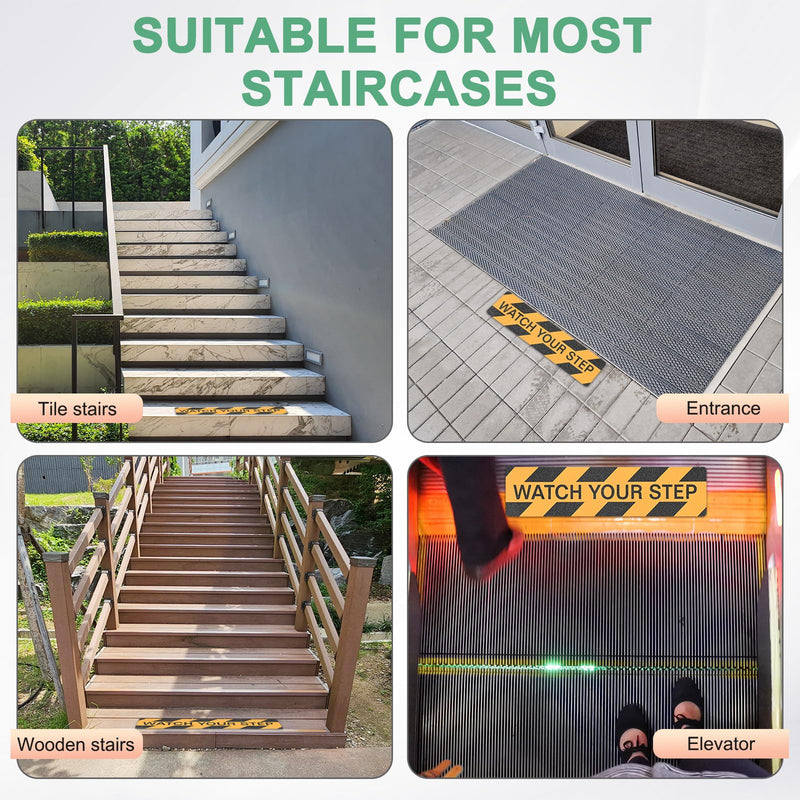 M METERXITY 2-Pack WATCH YOUR STEP Floor Decals Stickers 6 x 24 Inch Watch Your Step Sign Warning Sticker Self-Adhesive Anti Slip Abrasive Tape for Indoor/Outdoor Stairs Step[Yellow Black]