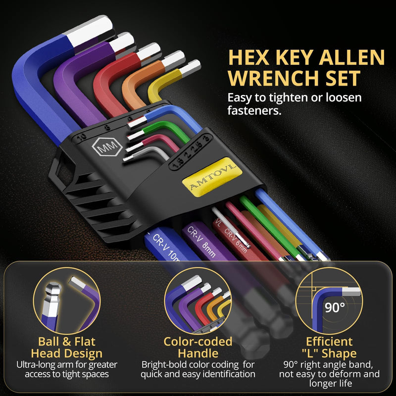 [Australia - AusPower] - AMTOVL Hex Key Set, 9PCS Metric Allen Key Set, 1.5-10MM, Anti-Slip Long Ball End Hex Wrench Set, Color Coding Hex Key Set for Disassembling Mechanical Equipment, Vehicle, and Bicycle Repairs 9 PCS METRIC SET 