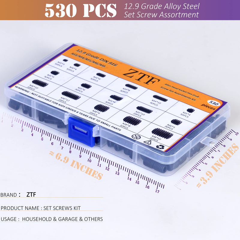[Australia - AusPower] - 530Pcs Metric Set Screw Assortment Kit, M3/4/5/6/8 Grub Screws Internal Hex Drive Set Screws for Bathroom Fixtures, Door Handles knobs, Towel Rack Screws Replacement, 12.9 Grade Alloy Steel 