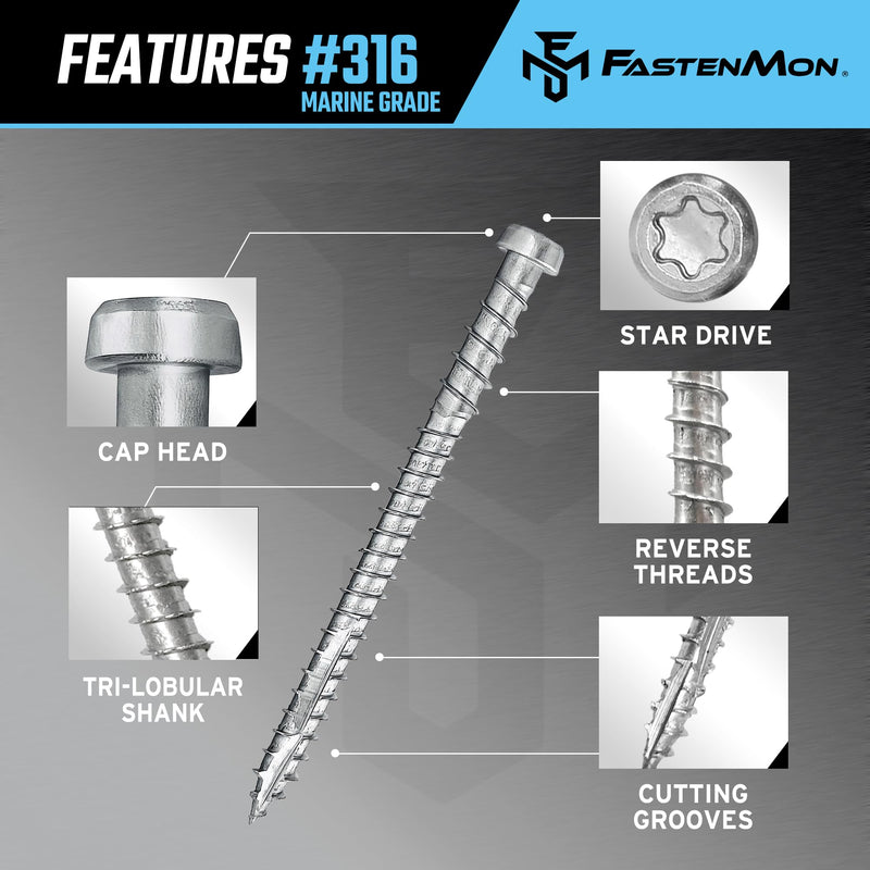 Composite Deck Screws, 316 Stainless Steel, #10 x 2-1/2", 100PCS - for PVC & Composite Decking, Flush Finish Cap Head, Reverse Thread, T20 Star Drive, Bit Included, Natural #10 x 2-1/2" 100