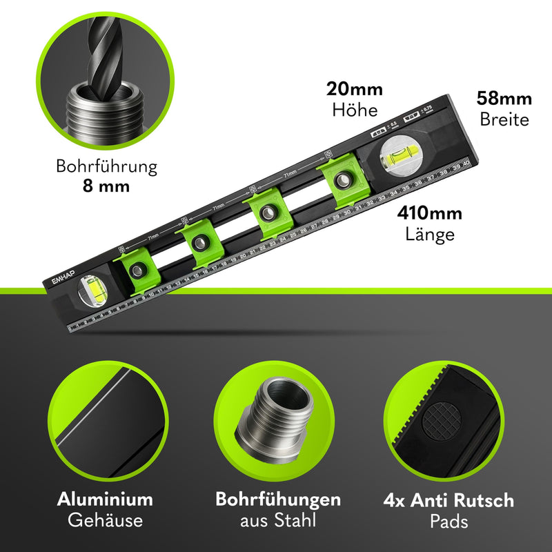 Spirit Level with Drilling Template for Sockets - Diameter 8 mm Bore - Electrician Spirit Level 2.0 as Precise Drilling Aid & Socket Template - Ideal for Socket Drills Ø8 mm Bore