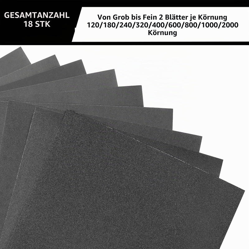 Stebruam 18-Piece Sandpaper Set Dry Wet Sandpaper 120-2000 Grit | 230 x 280 mm wet sandpaper, fine sandpaper for car, wooden furniture, metal and furniture Mix grit, 18 pieces