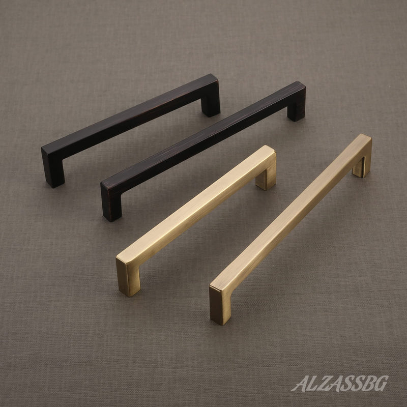 Alzassbg Brushed Antique Brass Cabinet Pulls and Handles 5 Pack, AL3041AB | 6-1/4 Inch Hole Center, Solid Metal Build, Square Decorative Hardware Handles, for Cabinets and Drawers 6-1/4" Hole Center