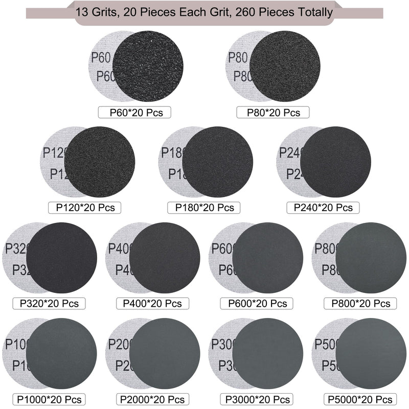 [Australia - AusPower] - SIQUK Pack of 260 Velcro Sanding Discs 50 mm with 1/4 Inch Shank Wet Dry Sandpaper Round Sanding Pads Grit 60-5000 Sandpaper for Car Polishing Wood Metal 2 inch silicon carbide 