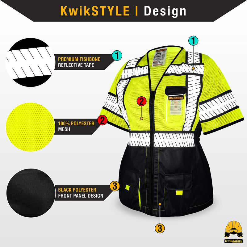 KwikSafety - Charlotte, NC - SPECIALIST Class 3 Safety Vest for Women [REFLECTIVE FISHBONE TAPE] ANSI Tested OSHA Compliant Hi Vis PPE Work Gear/Black 2XL