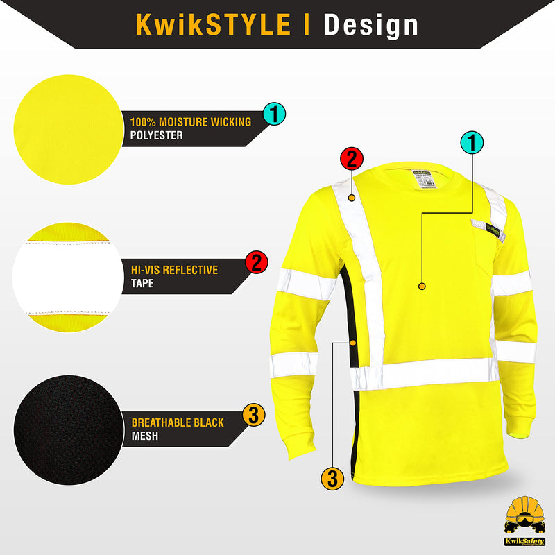 KwikSafety - Charlotte, NC - Operator Long Sleeve Safety Shirts [Solid Reflective Tape] Class 3 ANSI Tested OSHA Small Basic Tape | Yellow