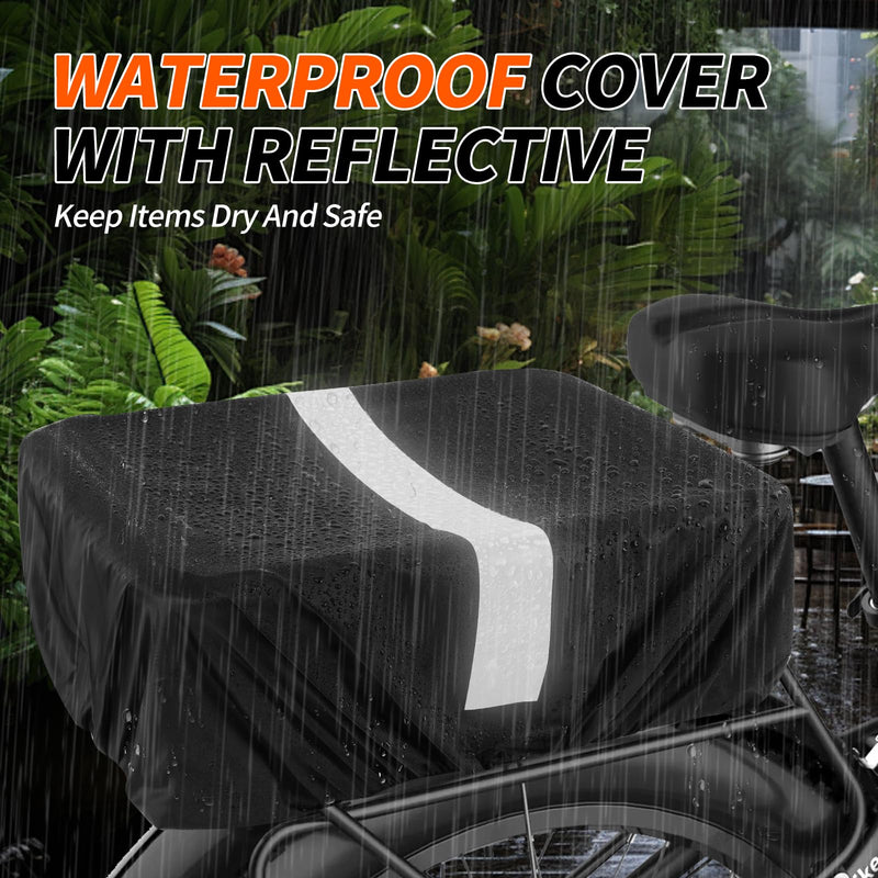 [Australia - AusPower] - DIRZA Bike Basket Liner with Waterproof Cover and Cargo Net, Heavy Duty Thickened Oxford Cloth Black Basket for Rear Bike Rack 16.5" x 11.6" x 5.5" 