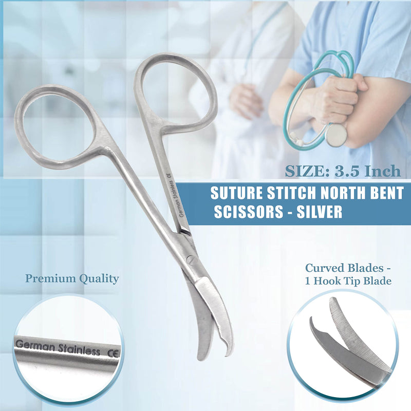 Premium Quality Suture Northbent Stitch Curved Scissors 3.5" (Silver) Silver