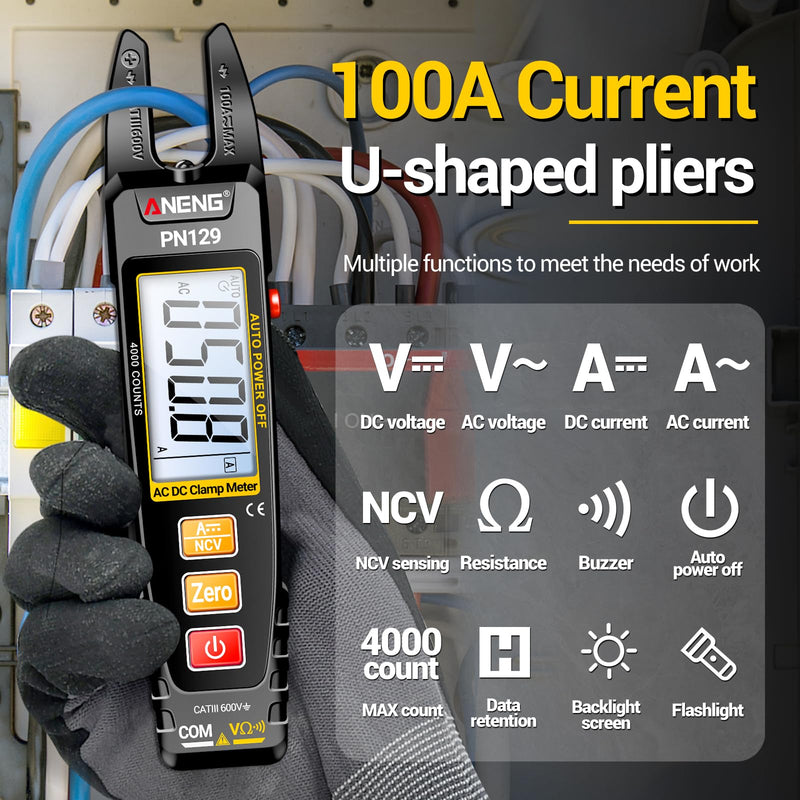 [Australia - AusPower] - ANENG Clamp Meter Multimeter Tester TRMS 4000 Counts with U-Shaped Jaw with NCV Amp Ohm Volt Measures AC/DC Current, Voltage,Capacitance,Resistance,Continuity,Frequency Backlight Electrican Tools PN129(Normal Version with Test Kit) 
