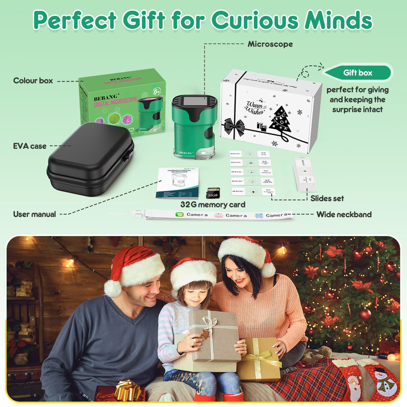 [Australia - AusPower] - 1000 x Mobile Phone Digital Microscope for Children: 4K 2.0 Inch Screen Rechargeable Mini Pockets Portable USB Trichome Microscopes Science Kit with Slide Set Gifts for 4-12 Years Old Green 